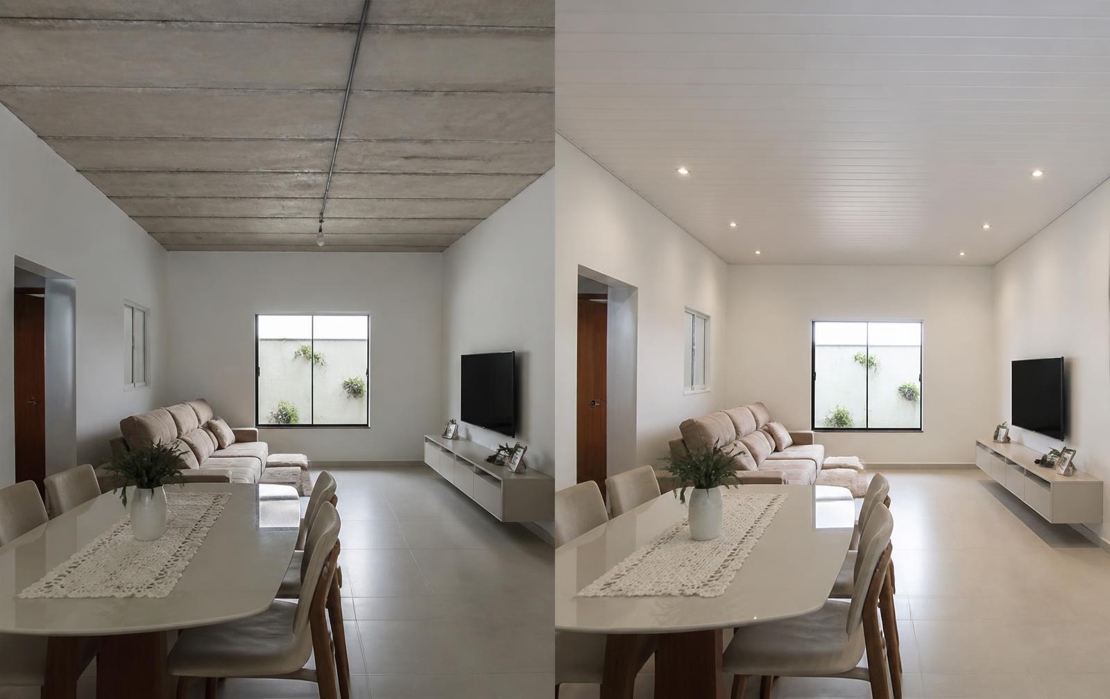 Antes e depois: mesma sala com laje aparente e depois com forro PVC branco instalado