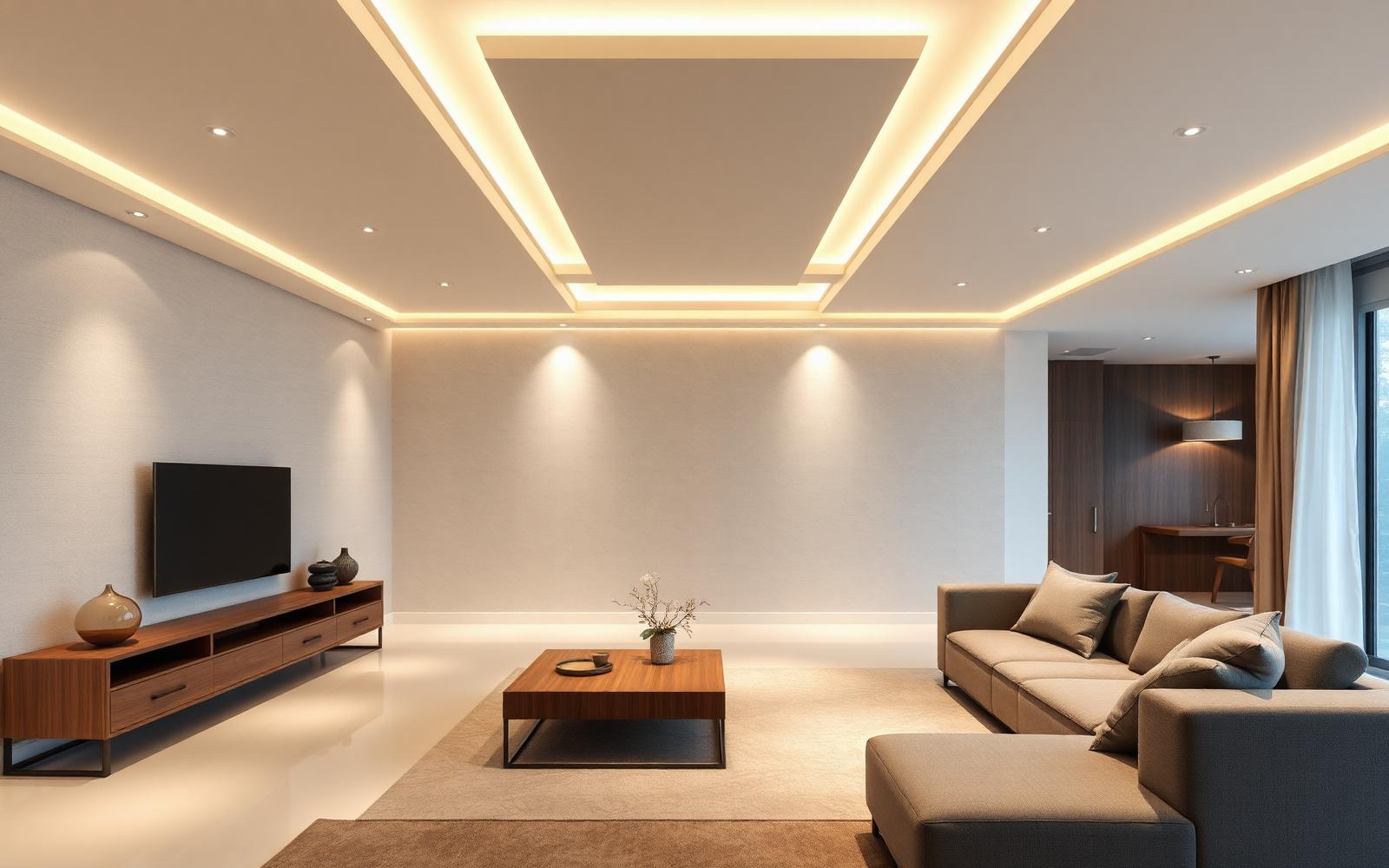 Sala ampla com teto rebaixado de drywall e sanca pronta para iluminação
